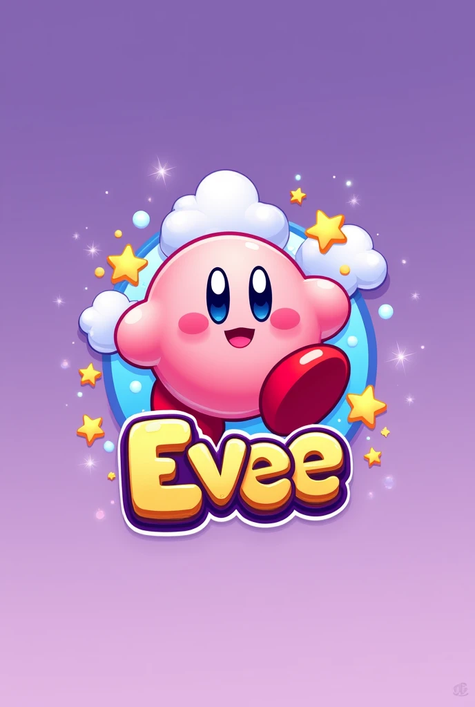 Create me a cute gaming logo of Kirbys Adventure and the name Evee in the picture in the color purple