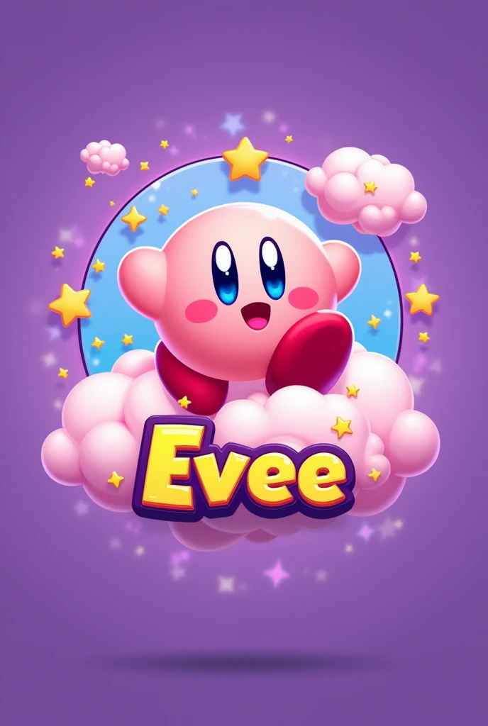 Create me a cute gaming logo of Kirbys Adventure and the name Evee in the picture in the color purple