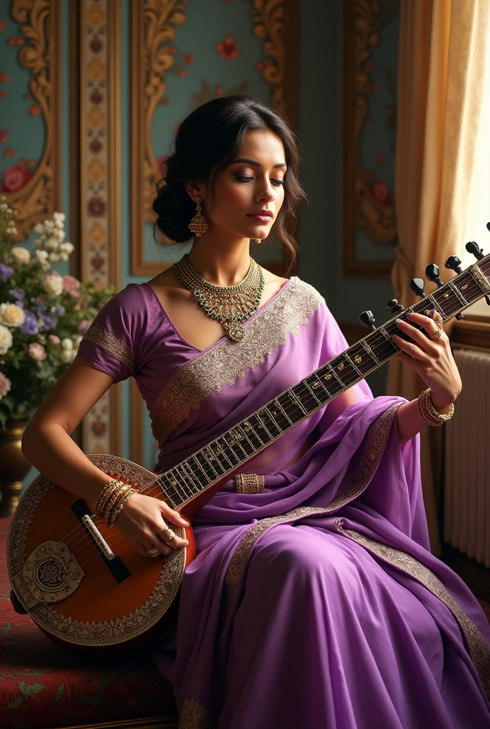 arafed woman in a purple sari poses with a sitar, indian empress, traditional beauty, sharandula, inspired by Raja Ravi Varma, portrait shot, musician, traditional photography, is playing a lute, holding a lute, indian, dressed in a sari, india, idian dress, portrait image, instrument