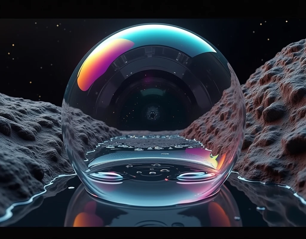 there is a smooth black bubble growing in a rift between two martian land masses, the bubble anchored itself to rift walls, and climbing higher, astronauts are witnessing it for the first time, a close up of a soap bubble floating on a black surface, ethereal rainbow bubbles, iridescent soapy bubbles, ethereal bubbles, bubble, foamy bubbles, floating bubbles, soap bubbles, soap bubble, rainbow bubbles, air bubbles, water bubble, magic bubble barrier, bubbles, bubbles rising, water bubbles, huge bubbles, liquid sculpture, bubbly foam, froth