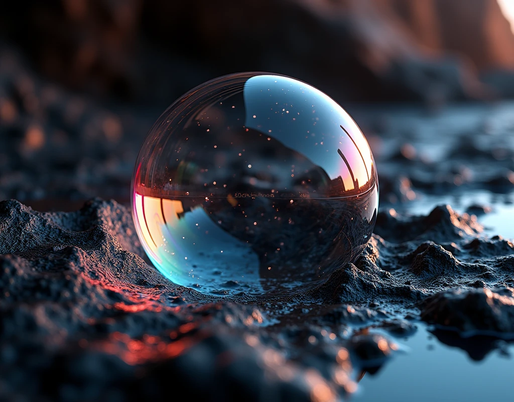there is a smooth black bubble growing in a rift between two martian land masses, the bubble anchored itself to rift walls, and climbing higher, astronauts are witnessing it for the first time, a close up of a soap bubble floating on a black surface, ethereal rainbow bubbles, iridescent soapy bubbles, ethereal bubbles, bubble, foamy bubbles, floating bubbles, soap bubbles, soap bubble, rainbow bubbles, air bubbles, water bubble, magic bubble barrier, bubbles, bubbles rising, water bubbles, huge bubbles, liquid sculpture, bubbly foam, froth