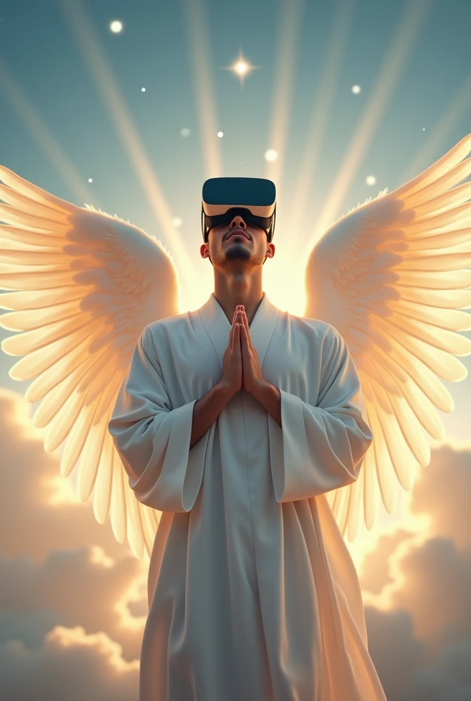 Guardian angel man praying, wearing virtual reality glasses