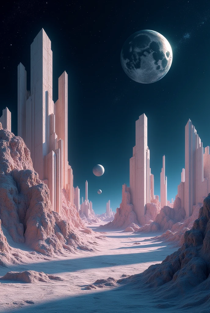 Floating geometrical shapes floating above ground on an otherworldly alien landscape where ancient ruins crafted from intricate 3D geometrical shapes stand as silent sentinels of a long-forgotten civilization. It's night and the sky is pitch black full of sharp stars and planets. Realistic, hyperrealism, high resolution, extreme quality, volumetric lighting, extreme details, sharp details, photorealistic, 4k hdr