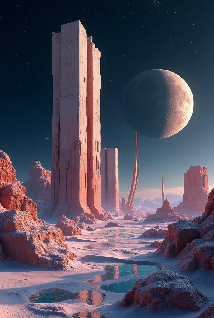 Floating geometrical shapes floating above ground on an otherworldly alien landscape where ancient ruins crafted from intricate 3D geometrical shapes stand as silent sentinels of a long-forgotten civilization. It's night and the sky is pitch black full of sharp stars and planets. Realistic, hyperrealism, high resolution, extreme quality, volumetric lighting, extreme details, sharp details, photorealistic, 4k hdr