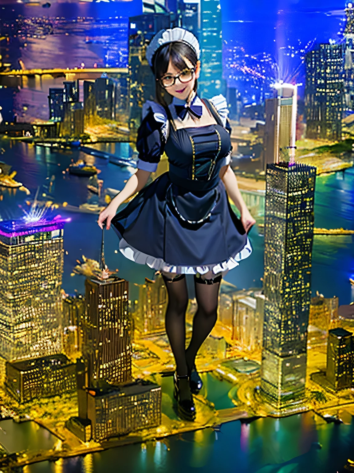 girl bigger than a skyscraper, wearing rimless glasses, smiling, huge breasts, maid, maid outfit, black pantyhose, no shoes, toes visible through pantyhose, steam coming out of soles of feet, seaside metropolis, ocean, destroying city, under heavy attack, very small metropolis, miniature metropolis, full body depiction, GTS, giga giantess, gigagts, trampling city, crashed city, small city, micro city, pantyhose feet, high resolution, best quality, masterpiece,