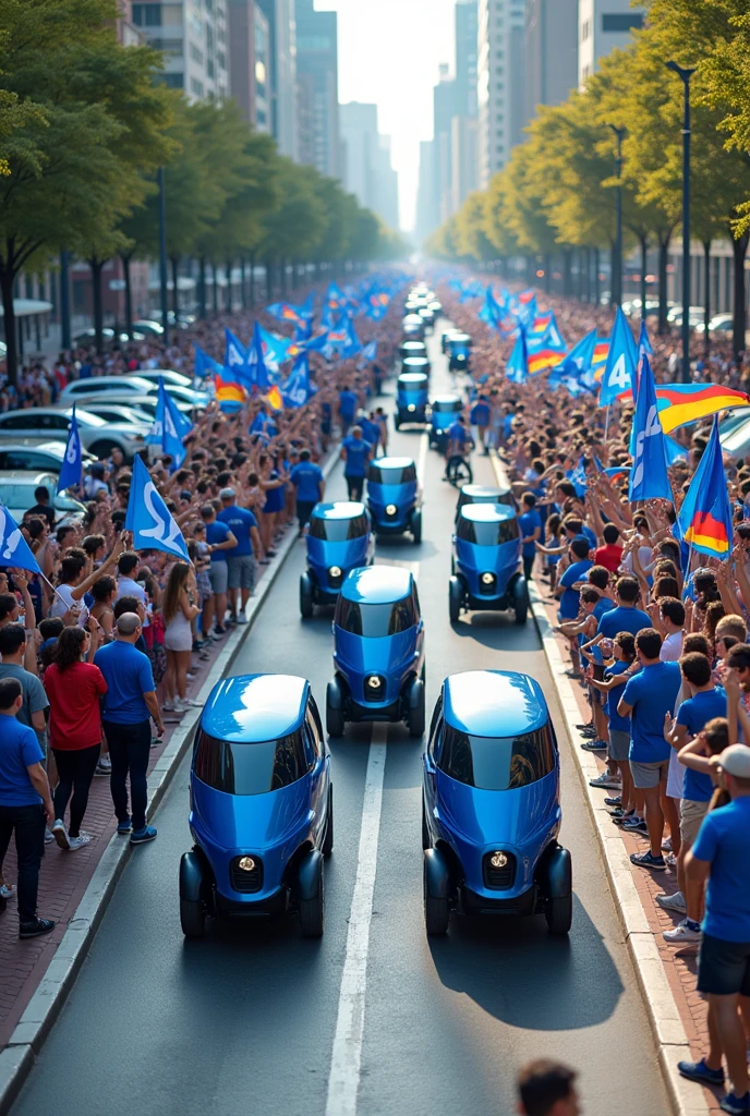 Square crowded with people dressed up (789 people ) in blue with flags with the number 44 and many cars and three electric trios