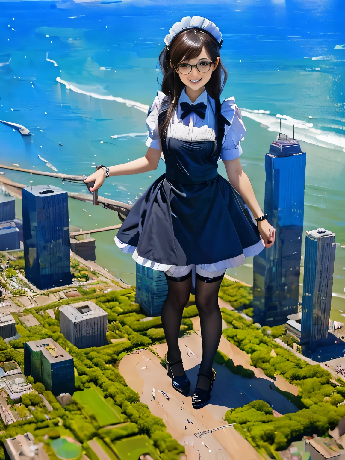 girl bigger than a skyscraper, wearing rimless glasses, smiling, huge breasts, maid, maid outfit, black pantyhose, no shoes, toes visible through pantyhose, steam coming out of soles of feet, seaside metropolis, ocean, destroying city, under heavy attack, very small metropolis, miniature metropolis, full body depiction, GTS, giga giantess, gigagts, trampling city, crashed city, small city, micro city, pantyhose feet, high resolution, best quality, masterpiece,