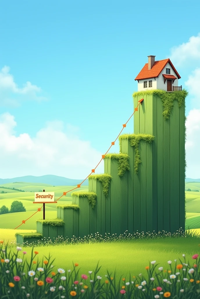 A financial growth graph with a house at the top, next to a background of land and a security sign, realistic image