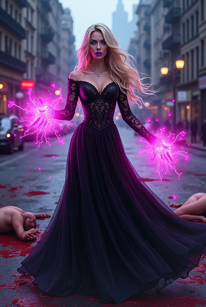 woman, evil, villain, evil magic, killing everyone in sight, long blonde hair, blue eyes, elegant lace black dress, thin lips, evil smile, purple lipgloss, evil wins, world domination, pink energy, overpowered, city street filled with dead bodies (setting), high quality, death, dead bodies, drained corpses, magic, blood on ground, manga (style)