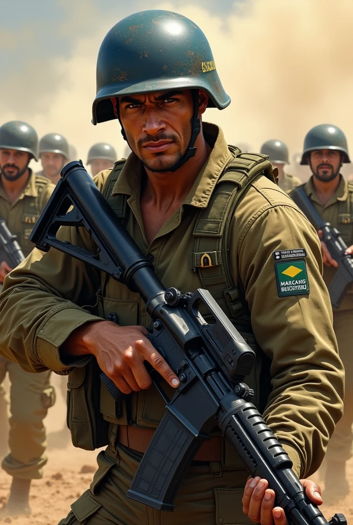 Illustrate a realistic light brown man all dirty with dust and all cut up from the Brazilian army commando battalion, with a big strong and wide power lift physique, He has short hair, with a tired but aggressive look, holding a heavy machine gun with a large cut on his face. He is fully equipped with a blue UN helmet and a long-sleeved Brazilian army uniform with the flag symbol on the shoulder.. He has a large, heavy vest. In the background leading an entire battalion of Brazilian soldiers
