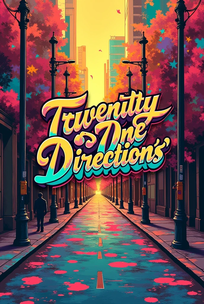 Create a music album cover mixing the group One Direction and the band Twenty One Pilots, with the title "Twenty One Direction's", withouth People 