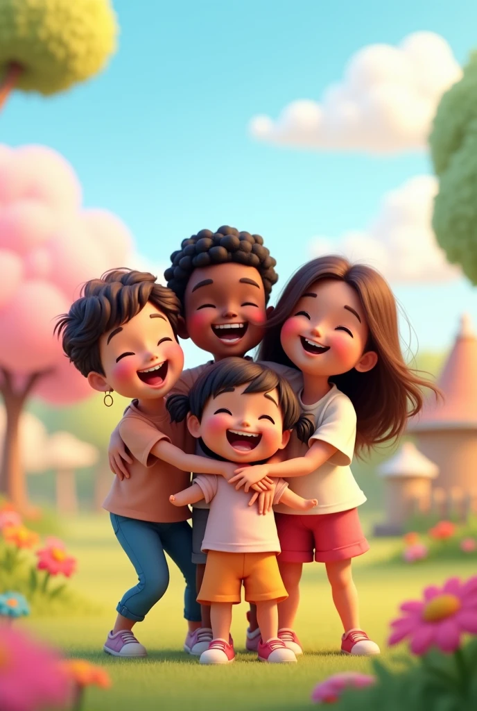 A 3D cartoon, with several children of different ethnicities hugging each other, predominant soft colors