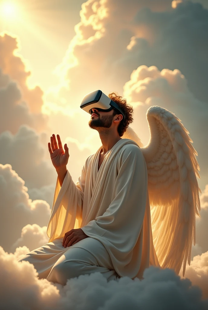 Guardian angel man praying, wearing virtual reality glasses