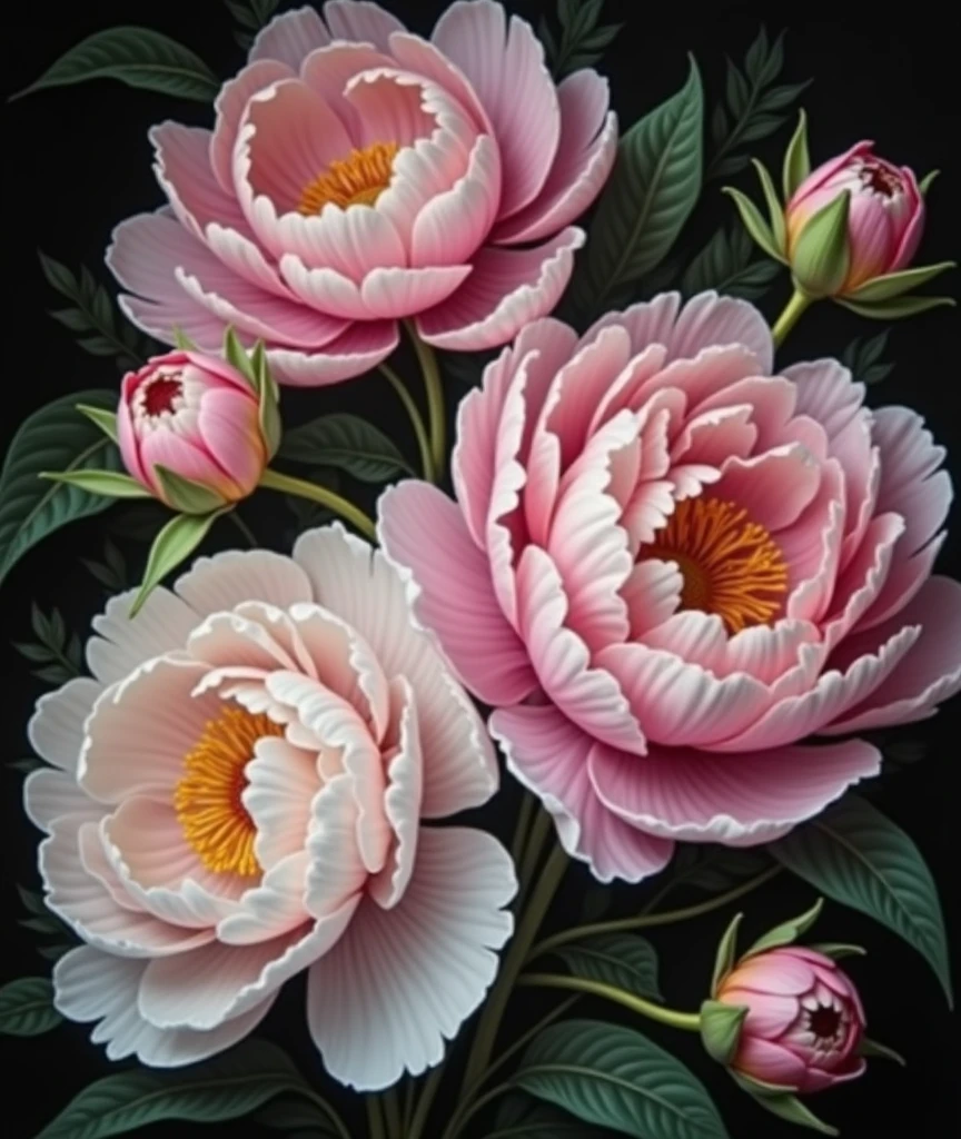 Unhinged, wild, beautiful, flowers, oul painting, soft lilac white peony flowers, powder blue peony flowers, black background, vibrant colors, real
