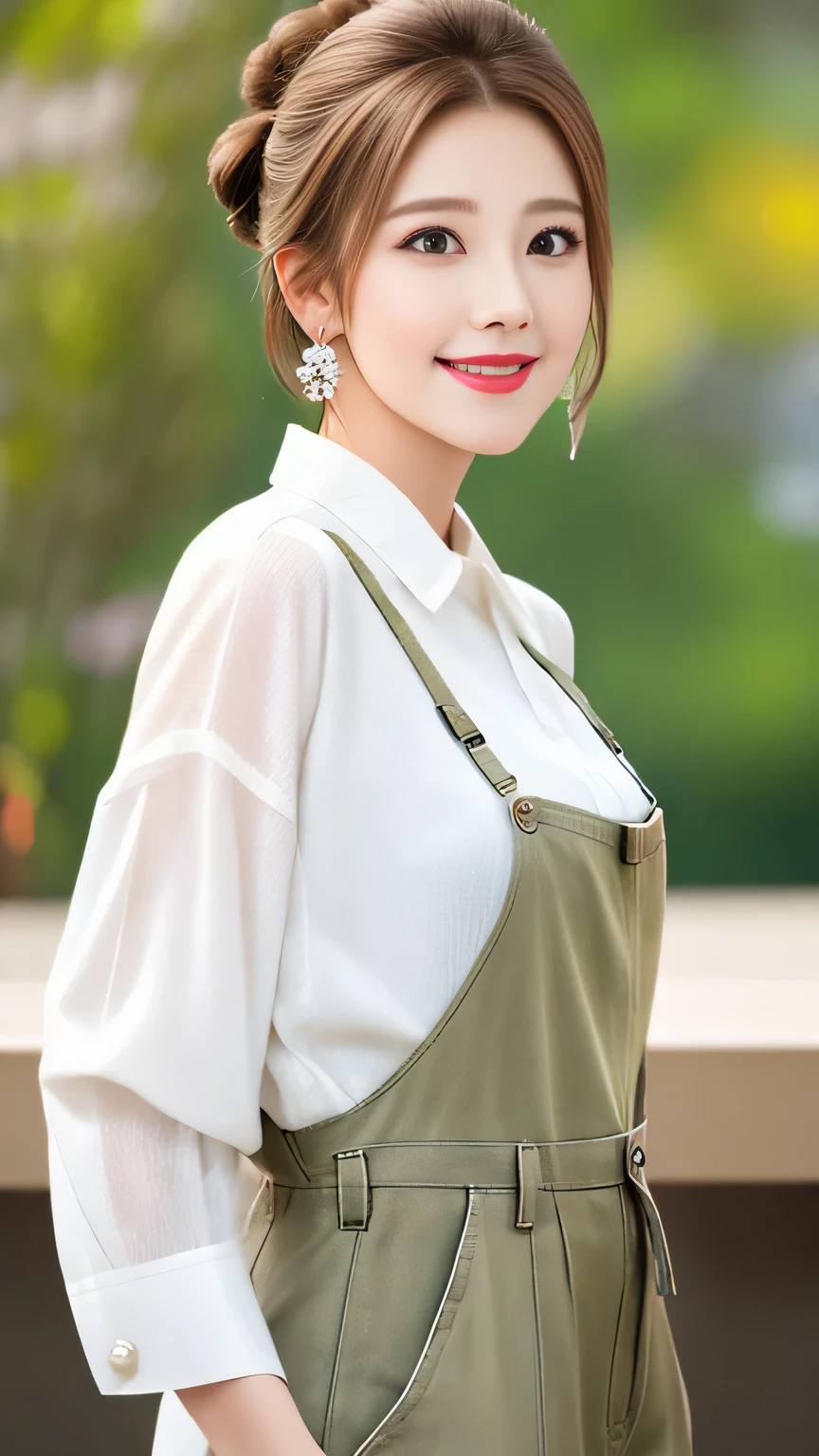 light brown hair, hair bun, amber eyes, crystal earrings, light smile, depth of field, uhd, masterpiece, best quality, 8k, beautician、Natural Makeup, Loose white blouse、Khaki overalls、Facing forward、Watching the audience、Bust up shot、background:Beauty Salon