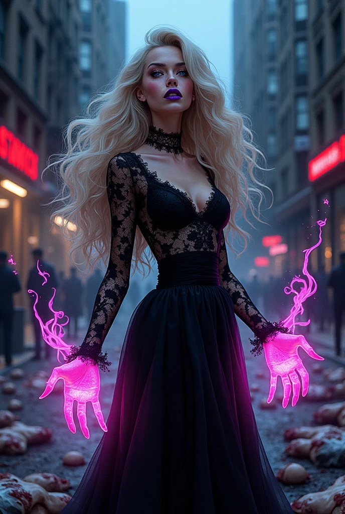 woman, evil, villain, evil magic, killing everyone in sight, long blonde hair, blue eyes, elegant lace black dress, thin lips, evil smile, purple lipgloss, evil wins, world domination, pink energy, overpowered, city street filled with dead bodies (setting), high quality, death, dead bodies, drained corpses, magic, blood on ground, manga (style)