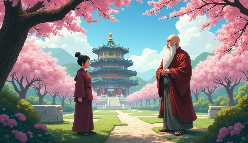 An wisdom full old fat Chinese monk standing and talking to his elder student, beautiful garden, flowers, surrounded by temples, beautiful scenario, trees, in anime style,