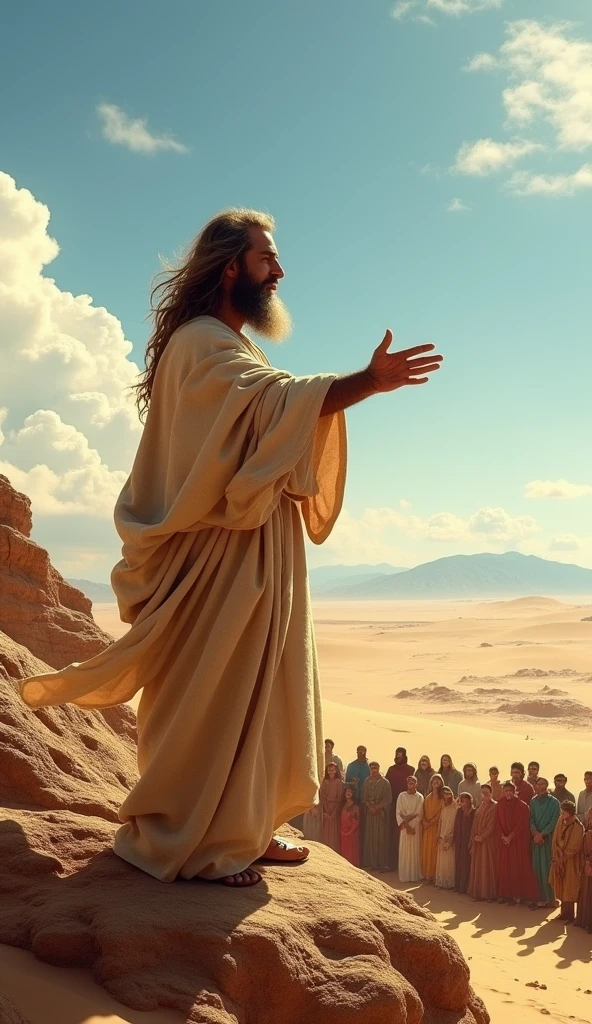 Make an image of a Man representing John the Baptist preaching the word of God in the desert to several people.