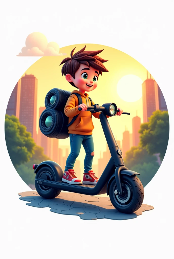 Create a round logo with a camera and an electric scooter and a boy avatar with short brown hair