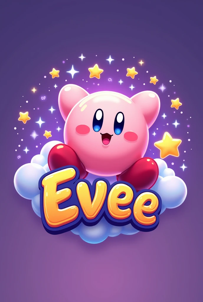 Create a cute gaming logo of Kirbys Adventure and the name Evee in the picture in the color purple make it really spectacular