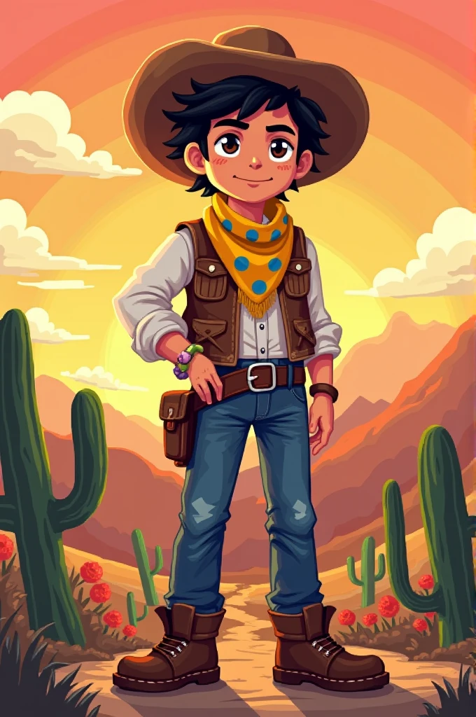 Generates a 13-year-old boy wearing cowboy clothes and a yellow scarf with blue spots. All this with a pixel art visual style similar to Undertale..