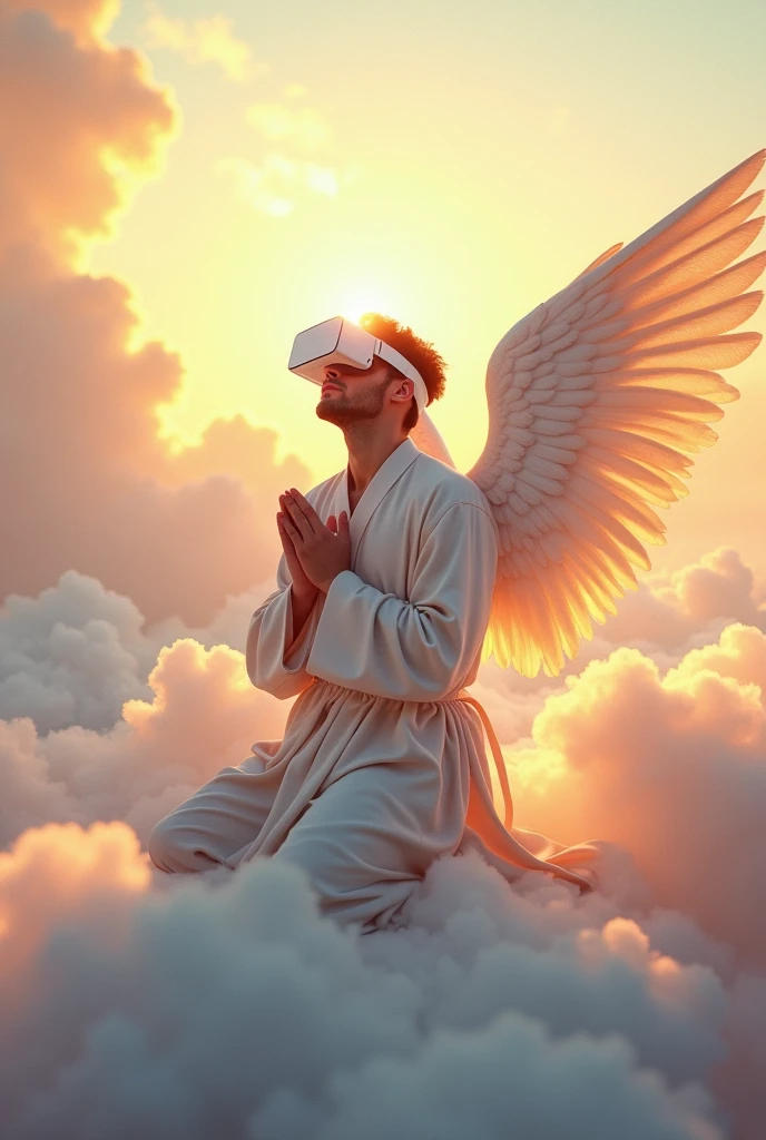 Guardian angel man praying, wearing virtual reality glasses