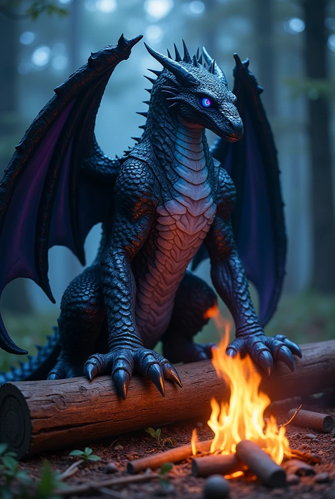Male Ice Dragon Orc,Hard black scales all over the body,Black scales on abdomen,All black,There is some blue light in the gaps between the scales,Sharp dragon claws,Thick tail,Dark purple wing membrane,Two meters tall,Erect pupils,Blue Eyes,Black scales and sharp claws,The bottom of the paw is a soft black pad,No hair,The sky was dark,With faint starlight,The sky in the distance is not completely dark yet, there is still a hint of orange light,Located in the forest,Sit on the wood,Next to it is a fire,The soles of the feet are facing the camera, revealing the pads of the soles of the feet,Five toes,Facing the camera,Looking at the fire,Relax,8k,Two feet