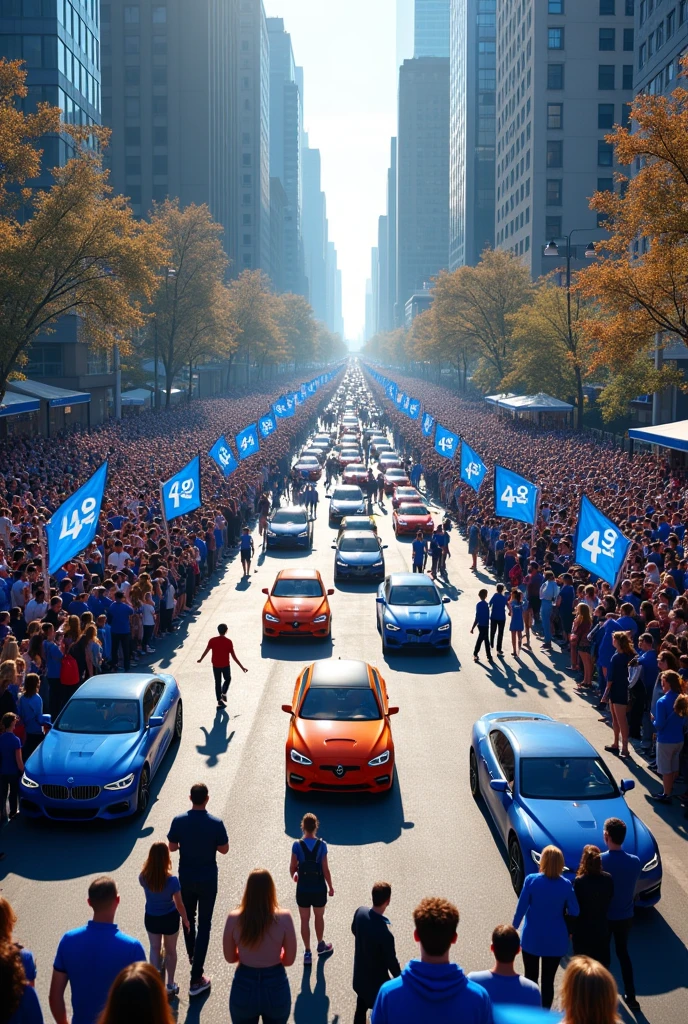 Round square crowded with people dressed (789 people ) in blue with flags with the number 44 and many cars and three electric trios 