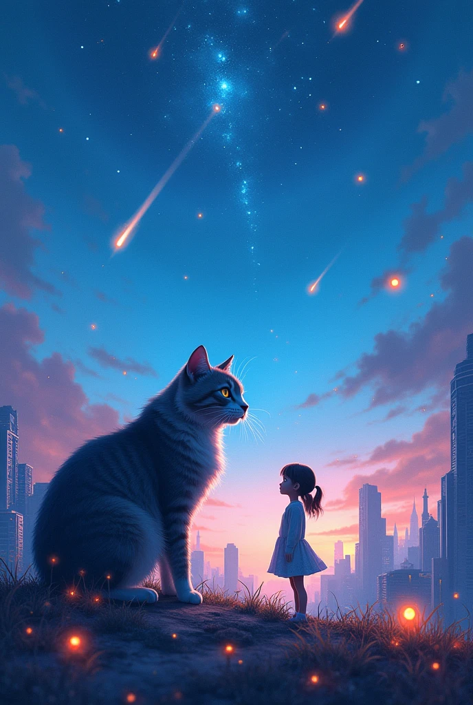 Vision、landscape、Amazing resolution、Luminescence、Near the city of the future、Blue sky、Many bright stars々、Beautiful Lights、Clear lighting、Soft lighting、Many bright magic lights、Stars falling from the sky,Meteors,Huge cat and girl looking at each other