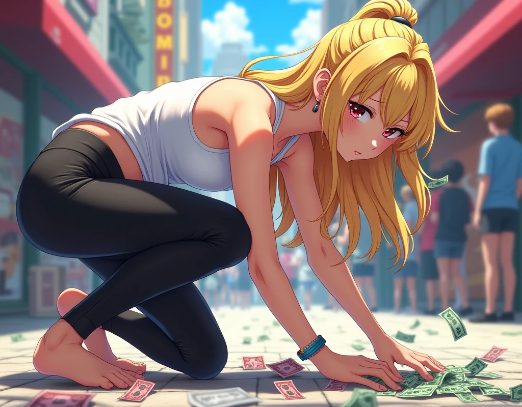 anime girl, blonde and wearing white tank top and black yoga pants, bending down to reach money on the floor, protruding buttocks.