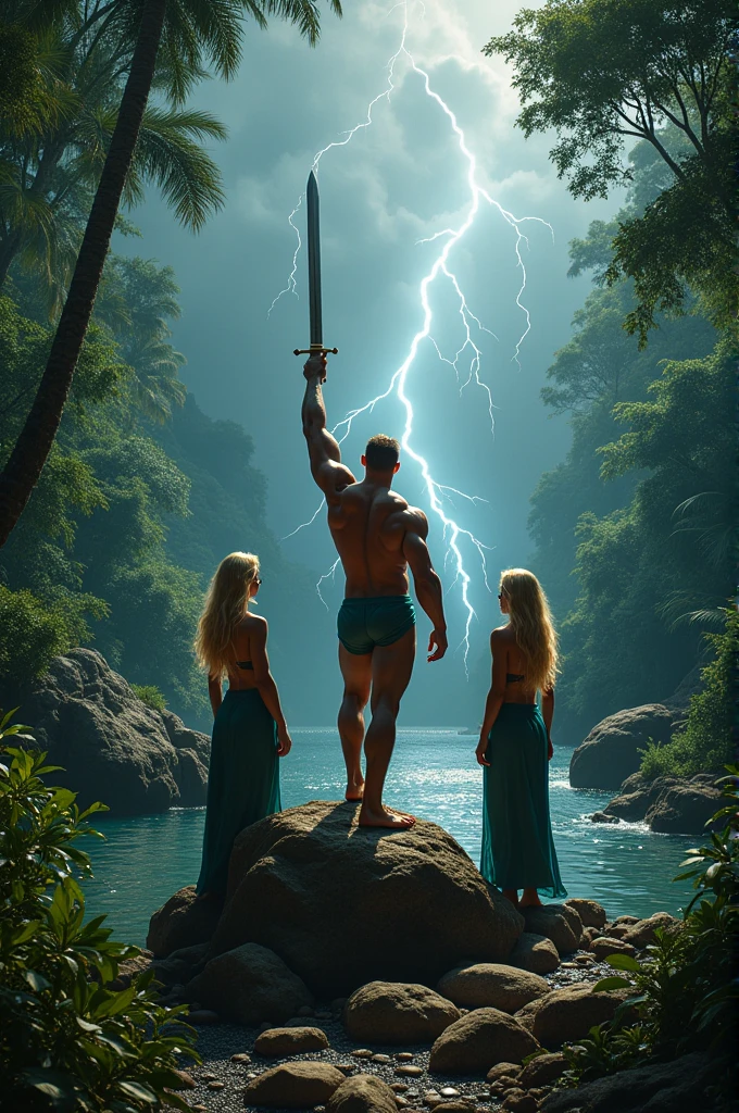 Infinity A shirtless body builder king with hair on his shoulder standing  on a rock inside a jungle, on the bank of lake, with his sword in the air, in back ground 3 slave blonde white tall half naked girls  with big breasts, and big booties coming out from their long sleeveless shirts standing obediently around the king, looking at him, thunder touches  the sword while lightening.all facing towards front, 