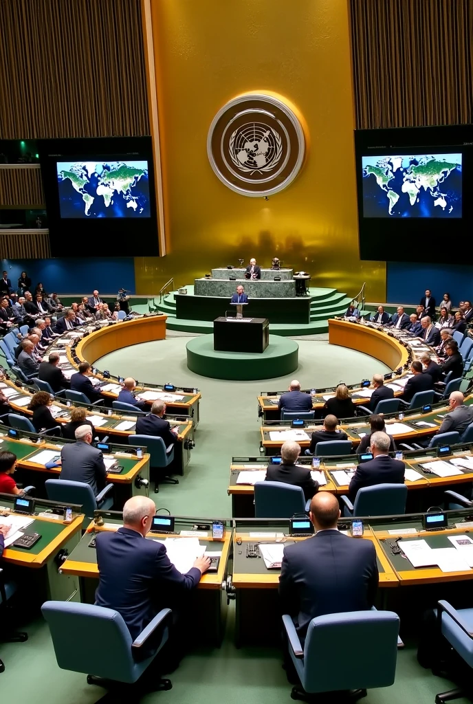 Create an image of a United Nations conference in session, showcasing a dynamic and collaborative international gathering. Depict a large conference room with a circular arrangement of desks and flags from various countries. At the center, show a diverse group of diplomats and delegates engaged in discussion or making speeches, with a prominent podium and the UN emblem displayed prominently. Include elements like translation equipment, microphones, and screens displaying relevant information or world maps. Use a formal color palette of blues, grays, and golds, with professional lighting to highlight the importance and formality of the proceedings. The overall mood should reflect a sense of global cooperation, diplomacy, and the collective effort to address international issues.
