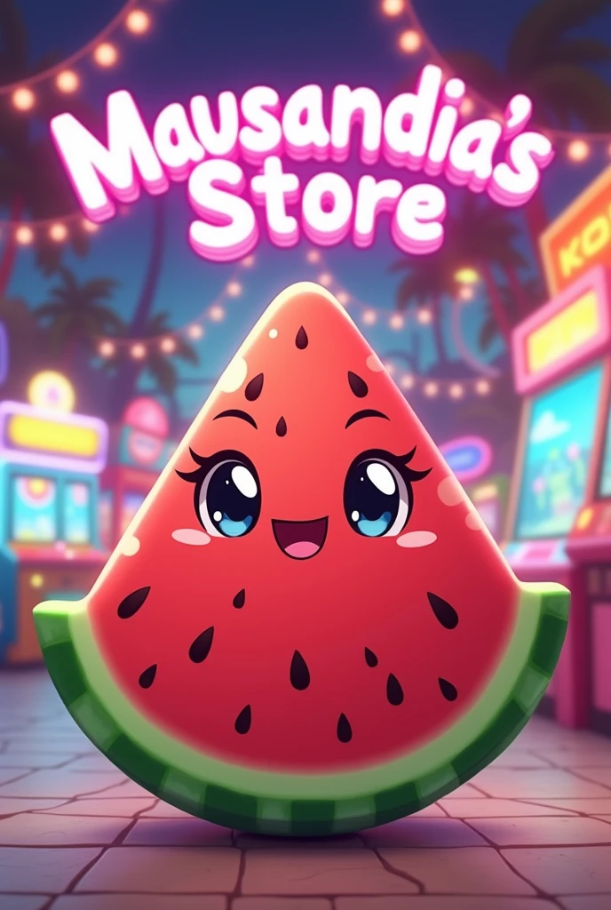 Adorable red cut watermelon with kawaii eyes, mouth in 3 and anime blush.
what say "Mausandia's Store" title and with an arcade landscape in the background 
