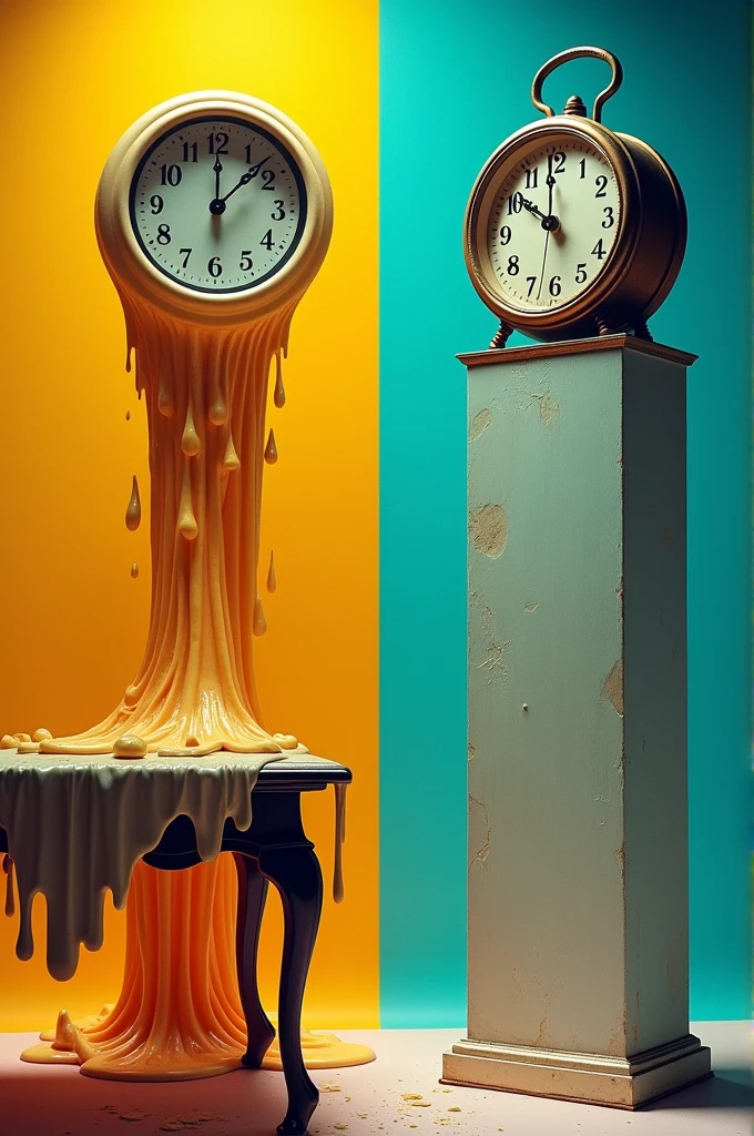 Two comparative columns, one with a melting clock (Dream) and another with a clock working normally (reality)
