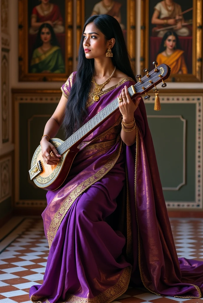 arafed woman in a purple sari poses with a sitar, indian empress, traditional beauty, sharandula, inspired by Raja Ravi Varma, portrait shot, musician, traditional photography, is playing a lute, holding a lute, indian, dressed in a sari, india, idian dress, portrait image, instrument, wall of fame of famour musician in the background