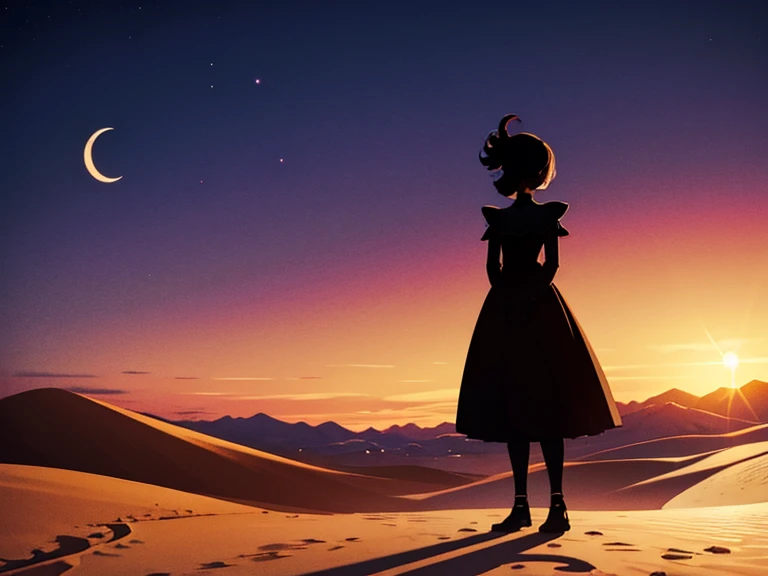 silhouette of a ghost girl in the top of a sand dune in a desert in the night with a crescent moon over her
