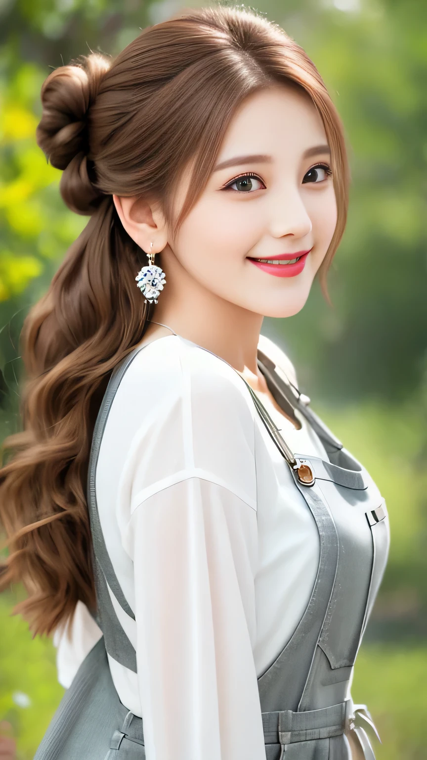 light brown hair, hair bun, amber eyes, crystal earrings, light smile, depth of field, uhd, masterpiece, best quality, 8k, Natural Makeup, Loose white blouse、Khaki overalls、Bust up shot、