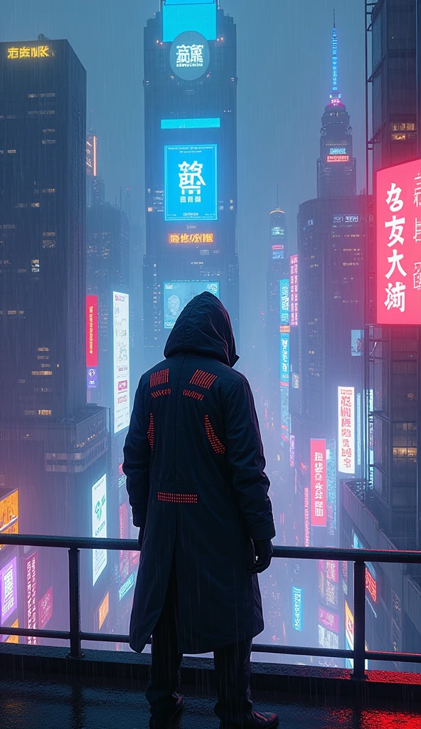 Immerse yourself in a neon-lit cityscape of the cyberpunk world as a lone figure traverses the rain-soaked standing on the tallest among all skyscrapers building watching the city view from the terrace, their silhouette illuminated by the glow of holographic advertisements. Capture the gritty ambiance and futuristic aesthetic that defines the cyberpunk genre. ISO 1600, f/2.8, 1/250s, Hawaii, gta vice style , illustration , reteo comic illustration