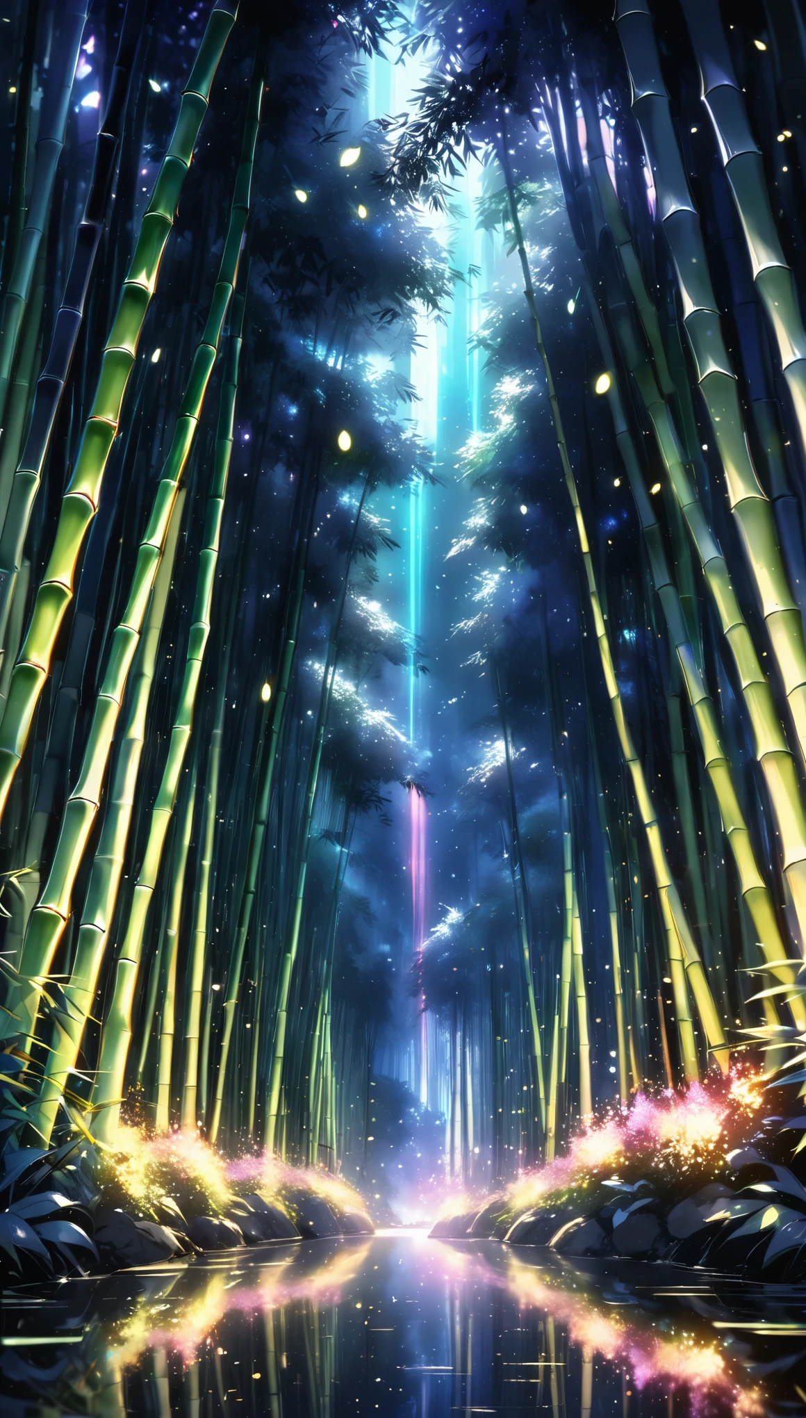 Bamboo forest on a dark night, Delicate and sharp, Cinematic production, Soft internal illumination, Many tiny fireflies flying around, Holographic sparkle all over, Vibrant colors, Fantastic rainbow reflections, Metallic luster, A balance and harmony between pitch black darkness and shining particles, Sharp and delicate, Watercolor style CG, High Contrast, Perfectly Tuned Octane Rendering, Dramatic Chiaroscuro, NRART, The ultimate aesthetic,