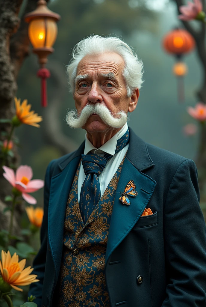 An older adult man, without becoming old. That he has traits of being a grumpy German nobleman, that has certain references to a blue caterpillar or a Morpho butterfly giving reference to Alice in Wonderland to the character of the 'blue caterpillar'