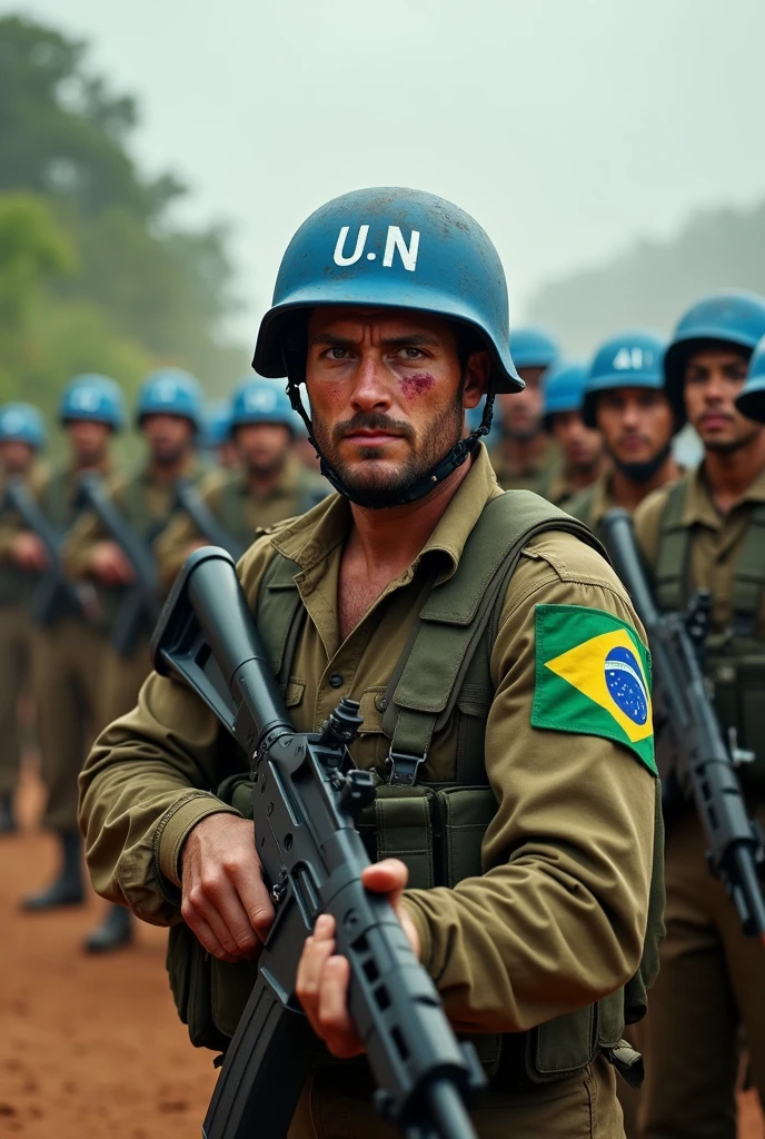 Illustrate a realistic light brown man all dirty with dust and all cut up from the Brazilian army commando battalion, with a big strong and wide power lift physique, He has short hair, with a tired but aggressive look, holding a heavy machine gun with a large cut on his face. He is fully equipped with a blue UN helmet and a long-sleeved Brazilian army uniform with the flag symbol on the shoulder.. He has a large, heavy vest. In the background leading an entire battalion of Brazilian soldiers