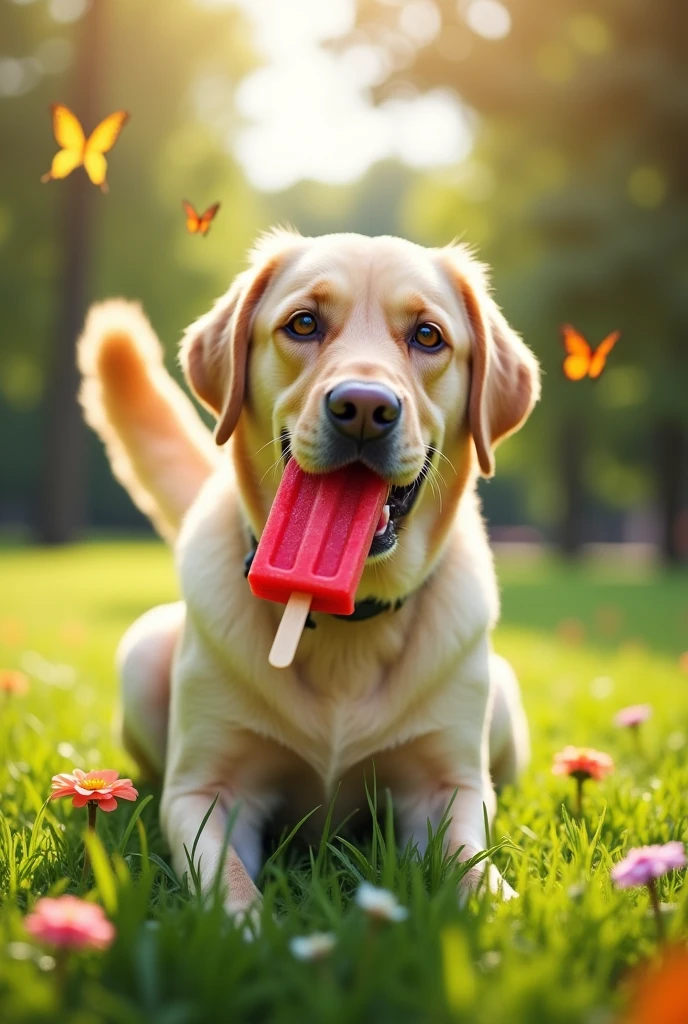 A yellow dog eating an ice popsicle