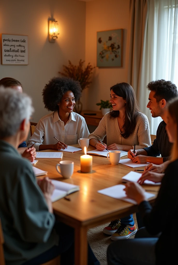 A group of people around a large table, chatting. A self-help group.