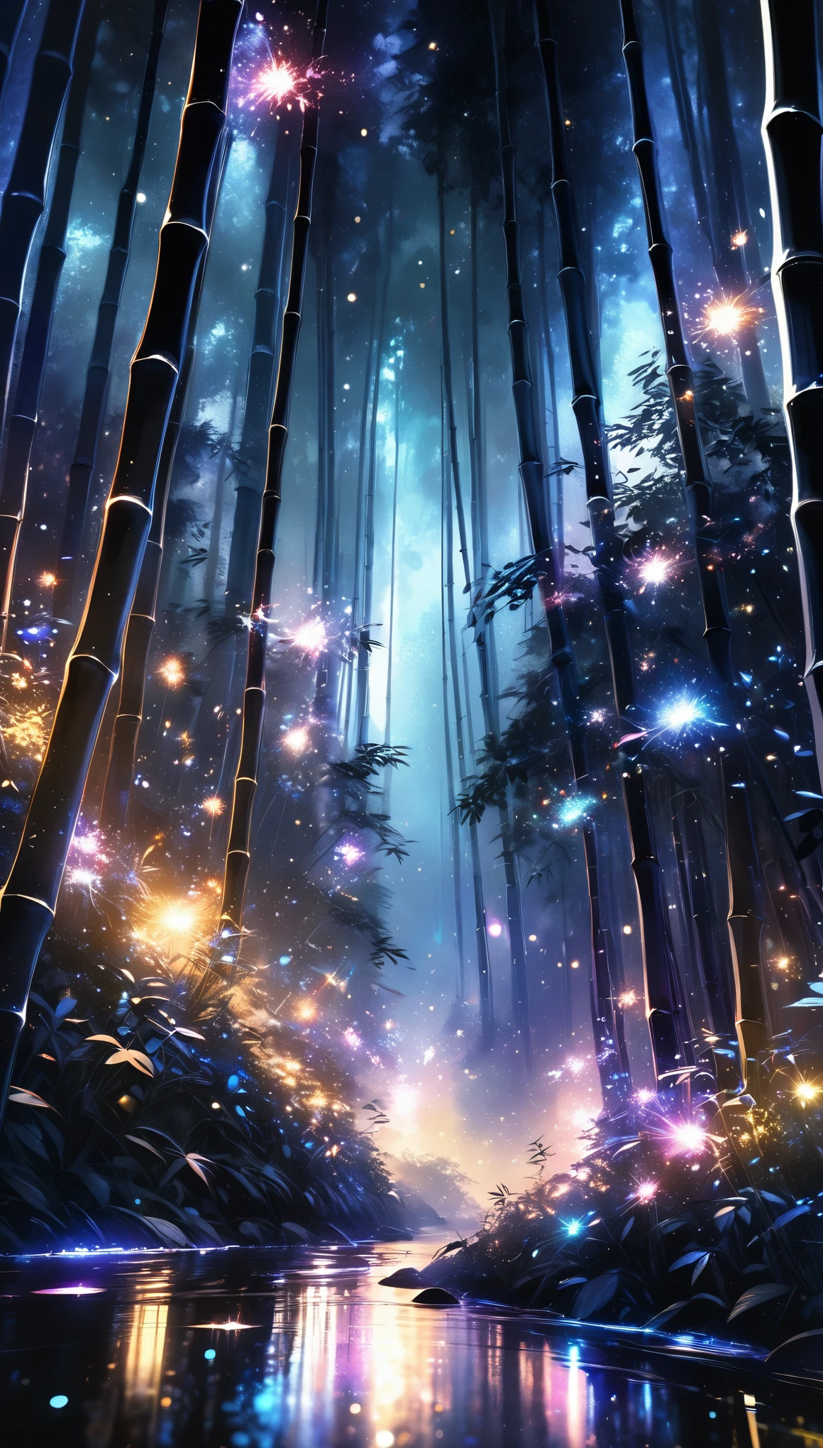 a dark bamboo forest at night, detailed intricate glowing fireflies, holographic sparkles scattered throughout, vibrant chromatic colors, fantastical rainbow reflections, metallic sheen, balance of pitch black darkness and shimmering particles, sharp and delicate, watercolor style CG, high contrast, perfectly tuned octane rendering, dramatic chiaroscuro lighting, NRART, ultimate aesthetics