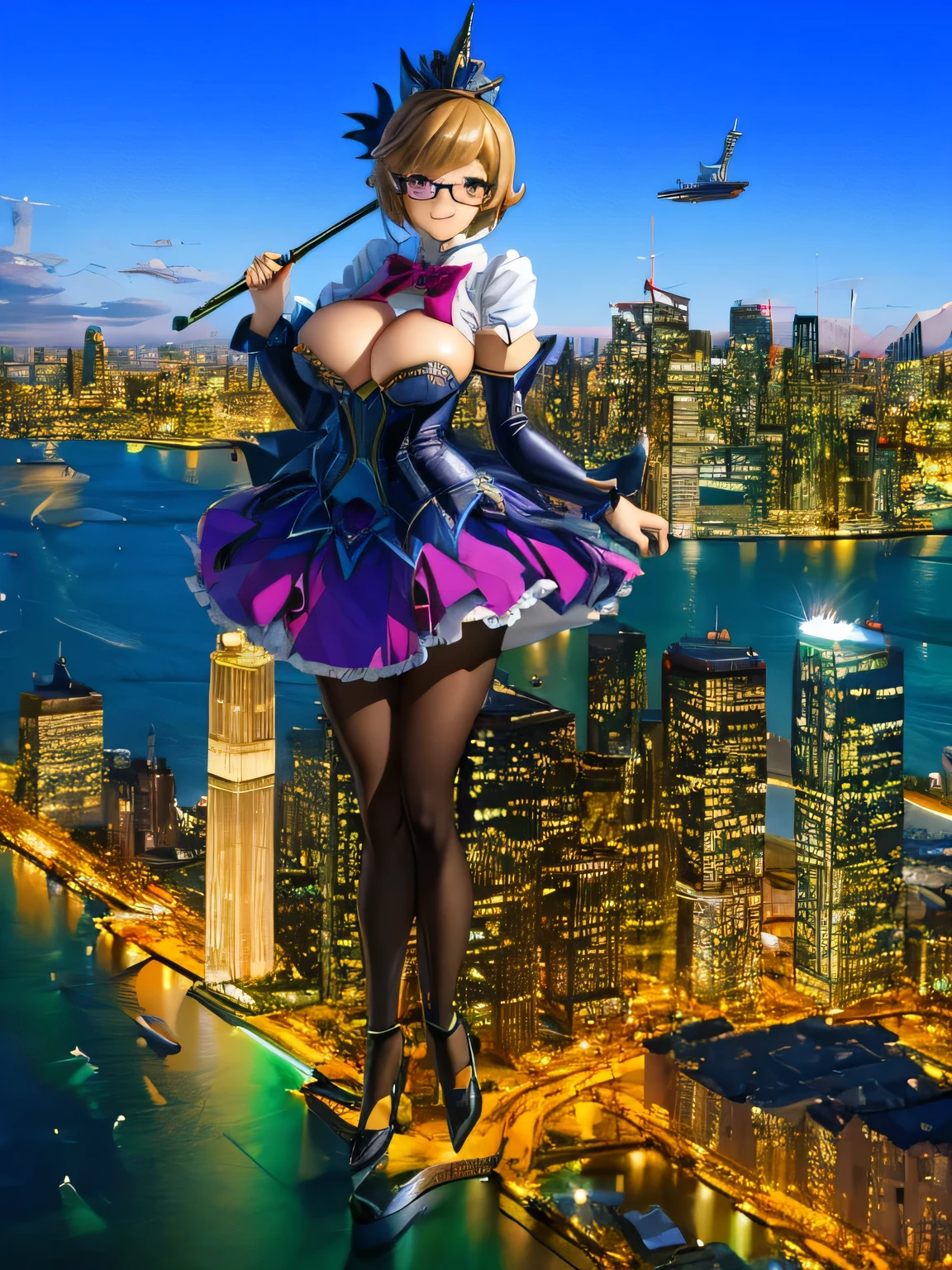 multiple girls, 3girls, standing, giantess art, highly detailed giantess shots, giantess, most detailed, perfect face, Two legs, Five fingers, short hair, A beautiful girl who is bigger than a skyscraper, Wearing rimless glasses, smile, huge breasts, magical girl dress, bow, magical girl, holding a magical wand, black pantyhose, stiletto heels, thunderbolt from a magical wand, seaside metropolis, numerous miniature warships on the sea, Destroying cities, Under heavy attack, A very small big city, Miniature metropolis, Full body description, GTS, giga giantess, gigagts, stomping city, crash city, tiny city, micro city, pantyhose feet, High resolution, highest quality, masterpiece,