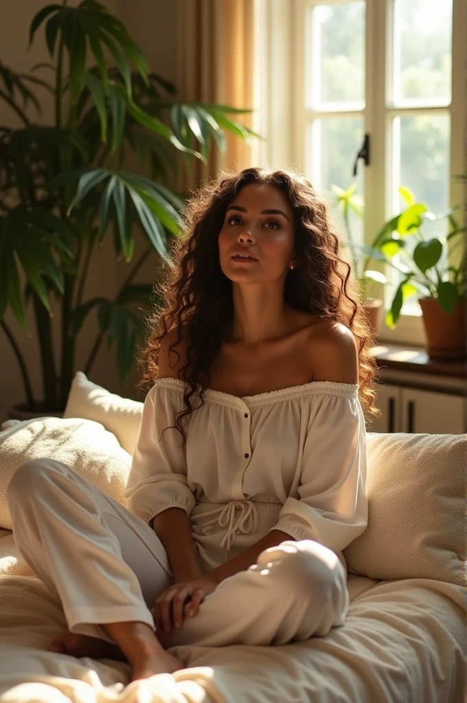 (photorealism:1.2), beautiful woman, sitting on bed, wearing loose off-shoulder top, pajama pants, long curly hair, indoors, soft lighting, plants in background, window with sunlight, cozy room, relaxed pose, realistic, intricate details, warm colors, by Greg Rutkowski, by Alphonse Mucha naked