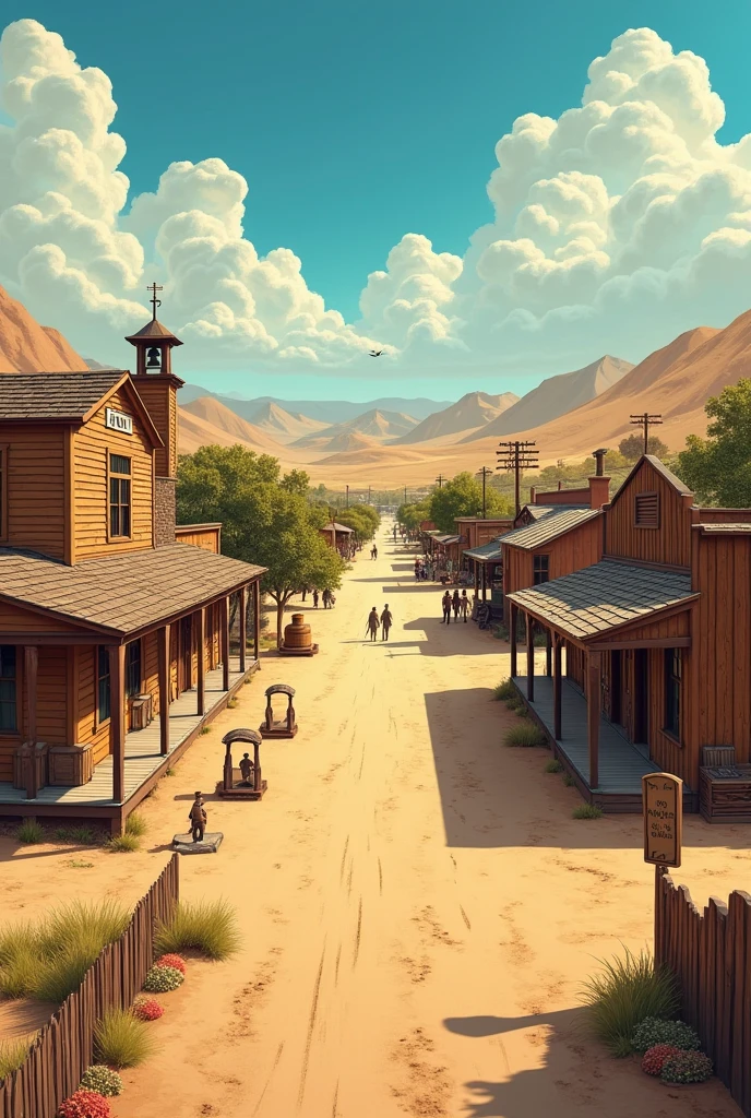 A map with a school, train station a square a bar and a house in the old west style