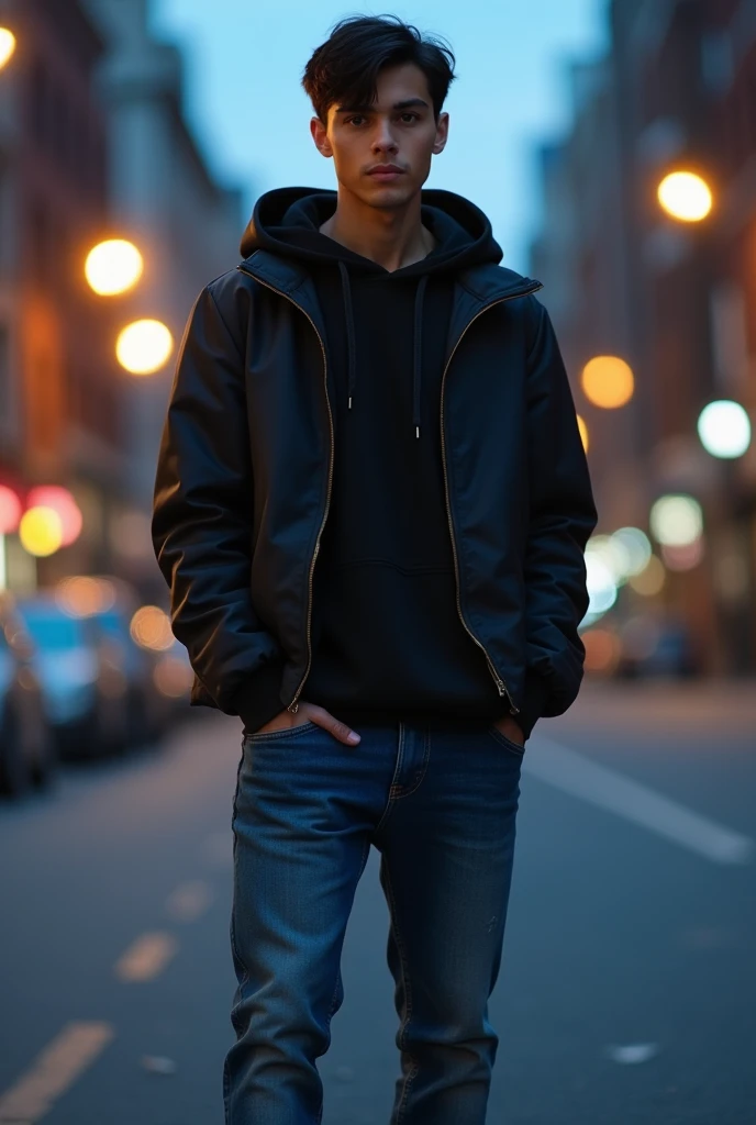 man, short black hair, wearing a black hooded jacket, blue denim pants, black tennis shoes, looking at the camera, photorealistic