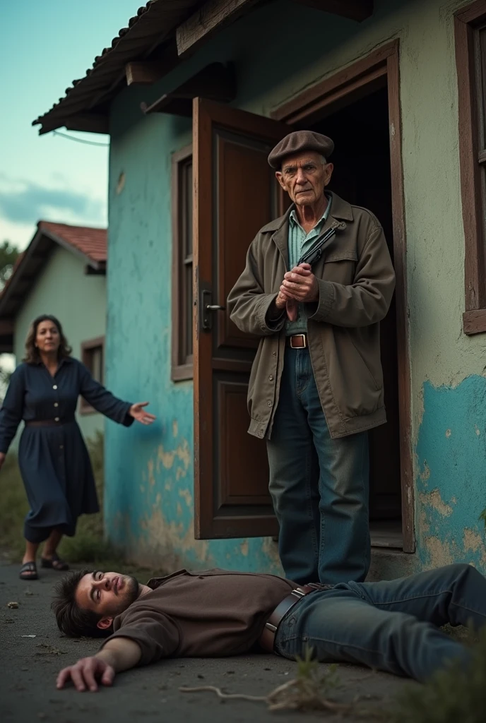 The image shows the facade of a modest house, with a partially open door. In front of the door, a 74-year-old man wearing a brown beret on his head, with an expression of despair and pain, holds a .37-caliber pistol in his hand. The man.

The image also shows a 29-year-old man lying on the ground, near the entrance, and to the left of the scene you can see the blurred figure of the young man's mother, who is trying to run towards him.