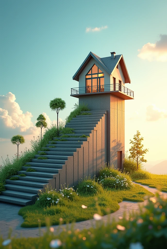A financial growth graph with a house at the top, next to a background of land and a sold sign , realistic image